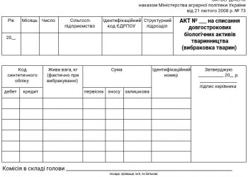 Акт на списання довгострокових біологічних активів тваринництва (вибраковка тварин) (форма № ДБАСГ-4)