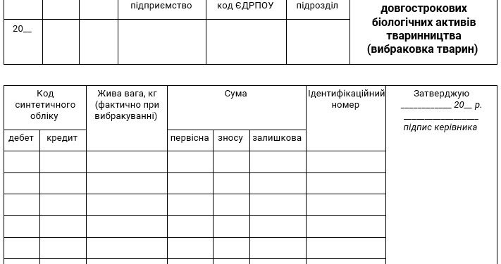 Акт на списання довгострокових біологічних активів тваринництва (вибраковка тварин) (форма № ДБАСГ-4)