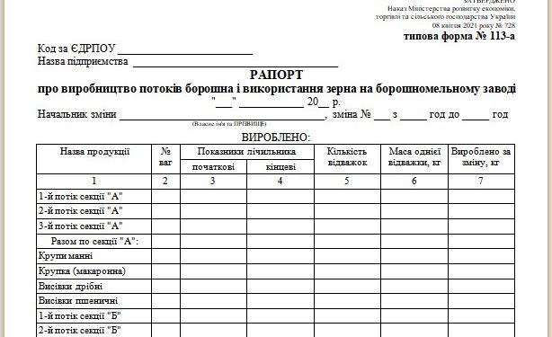 Рапорт про виробництво потоків борошна і використання зерна на борошномельному заводі (типова форма № 113-а)