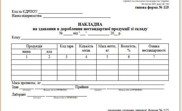 Накладна на здавання в дороблення нестандартної продукції зі складу (типова форма № 115)