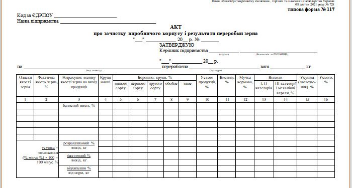 Акт про зачистку виробничого корпусу і результати переробки зерна (типова форма № 117)