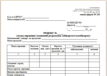 Рецепт (склад сировини і плановий розрахунок собівартості комбікорму) (типова форма № 118)