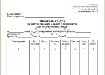 Вимога-накладна на відпуск сировини зі складу у виробництво (для комбікормових заводів) (типова форма № 119)
