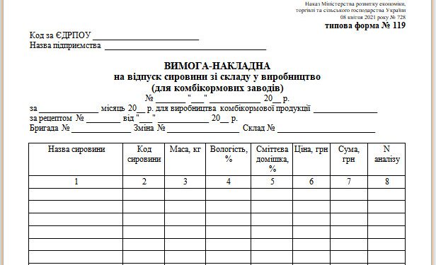Вимога-накладна на відпуск сировини зі складу у виробництво (для комбікормових заводів) (типова форма № 119)