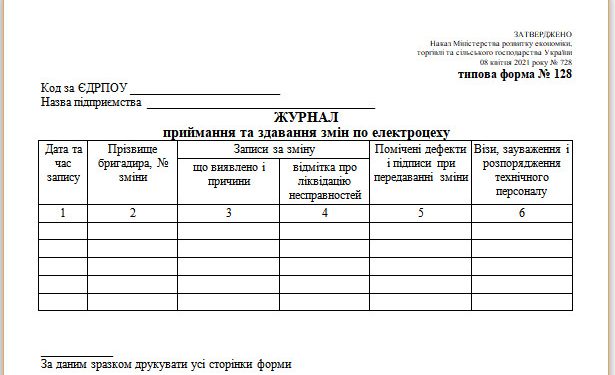 Журнал приймання та здавання змін по електроцеху (типова форма № 128)