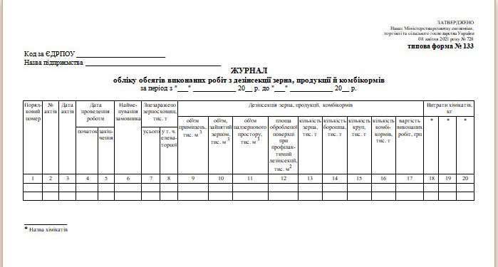 Журнал обліку обсягів виконаних робіт з дезінсекції зерна, продукції й комбікормів (типова форма № 133)