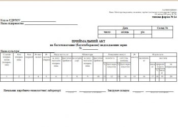Приймальний акт на багатовагонне (багатобаржове) надходження зерна (типова форма № 14)