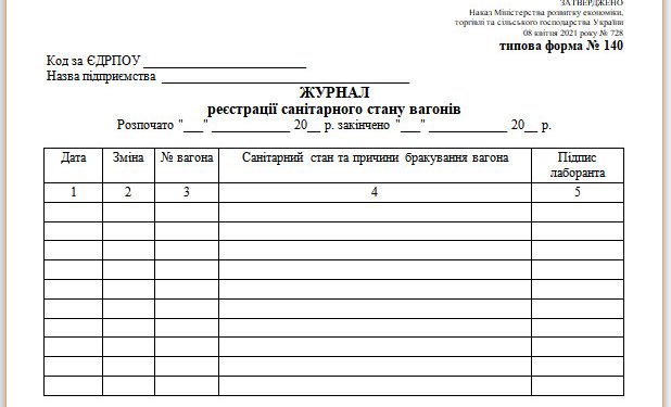 Журнал реєстрації санітарного стану вагонів (типова форма № 140)