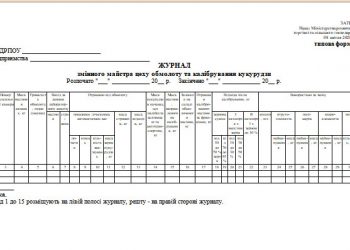 Журнал змінного майстра цеху обмолоту та калібрування кукурудзи (типова форма № 145)