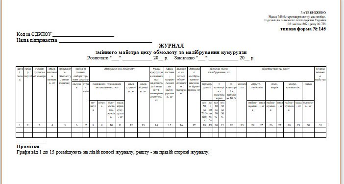 Журнал змінного майстра цеху обмолоту та калібрування кукурудзи (типова форма № 145)