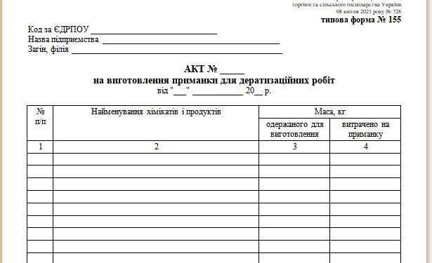 Акт на виготовлення приманки для дератизаційних робіт (типова форма № 155)