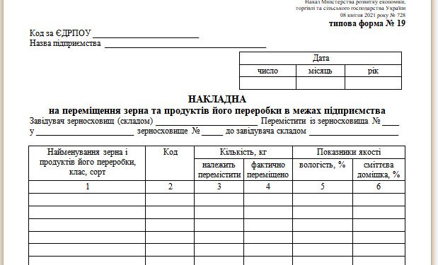 Накладна на переміщення зерна та продуктів його переробки в межах підприємства (типова форма № 19)