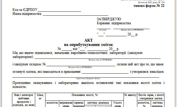 Акт на оприбуткування зміток (типова форма № 22)