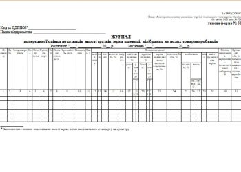 Журнал попередньої оцінки показників якості зразків зерна пшениці, відібраних на полях товаровиробників (типова форма № 50)