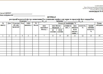 Журнал реєстрації вологості під час визначення її в сушильних шафах для зерна та продуктів його переробки (типова форма № 51)