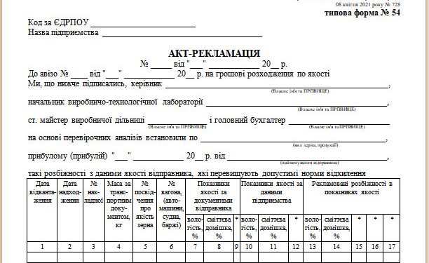 Акт-рекламація (типова форма № 54)