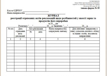 Журнал реєстрації отриманих актів-рекламацій щодо розбіжностей у якості зерна та продуктів його переробки (типова форма № 55)
