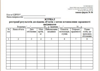 Журнал реєстрації результатів досліджень об’єктів з метою встановлення зараженості шкідниками (типова форма № 56)