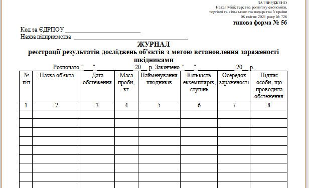 Журнал реєстрації результатів досліджень об’єктів з метою встановлення зараженості шкідниками (типова форма № 56)