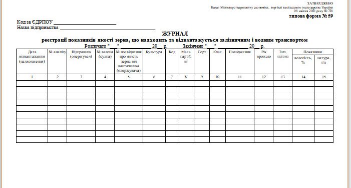 Журнал реєстрації показників якості зерна, що надходить та відвантажується залізничним і водним транспортом (типова форма № 59)