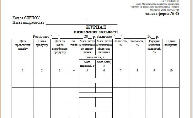 Журнал визначення зольності (типова форма № 68)