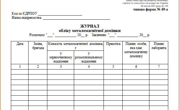 Журнал обліку металомагнітної домішки (типова форма № 69-а)