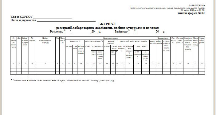 Журнал реєстрації лабораторних досліджень насіння кукурудзи в качанах (типова форма № 82)
