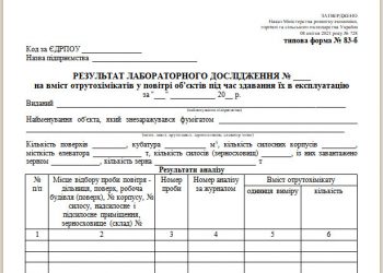 Результат лабораторного дослідження на вміст отрутохімікатів у повітрі об’єктів під час здавання їх в експлуатацію (типова форма № 83-б)