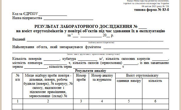 Результат лабораторного дослідження на вміст отрутохімікатів у повітрі об’єктів під час здавання їх в експлуатацію (типова форма № 83-б)