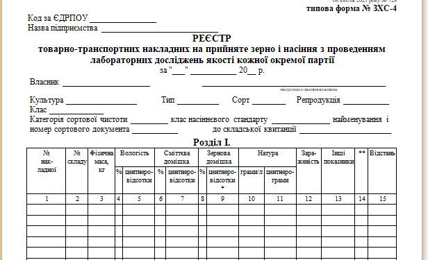 Реєстр товарно-транспортних накладних на прийняте зерно і насіння з проведенням лабораторних досліджень якості кожної окремої партії (типова форма № ЗХС-4)