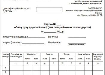 Картка обліку руху дорослої птиці (для спеціалізованих господарств) (ф. № ПБАСГ-16)