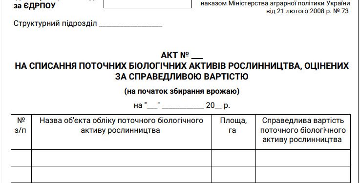 Акта на списання поточних біологічних активів рослинництва, оцінених за справедливою вартістю (на початок збирання врожаю) (ф. № ПБАСГ-2)