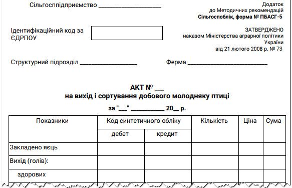 Акт на вихід і сортування добового молодняку птиці (ф. № ПБАСГ-5)