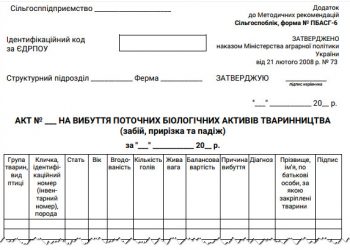 Акт на вибуття поточних біологічних активів тваринництва (забій, прирізка та падіж) (ф. № ПБАСГ-6)