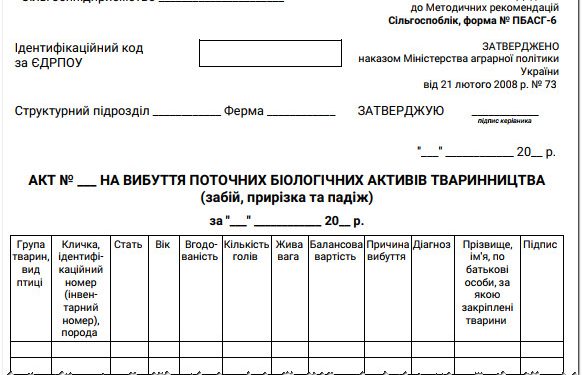 Акт на вибуття поточних біологічних активів тваринництва (забій, прирізка та падіж) (ф. № ПБАСГ-6)