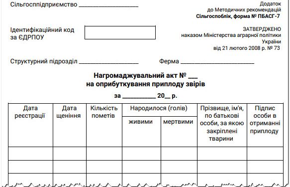 Нагромаджувальний акт на оприбуткування приплоду звірів (ф. № ПБАСГ-7)